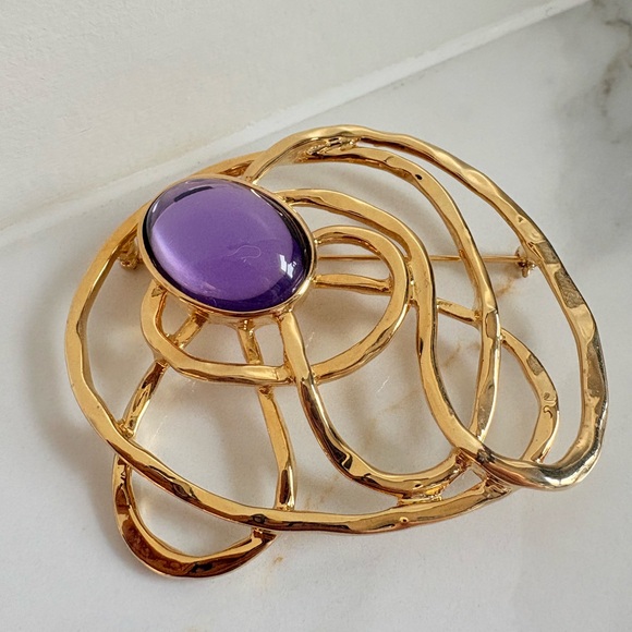 1993 Vtg Avon Faux Amethyst Gold Tone Brooch & Earrings Set Bold 90s Statement - Picture 8 of 16